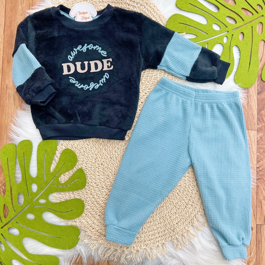 Conj. Casaco Dude e Calça em Malha Wafle - Marinho e Azul Jeans